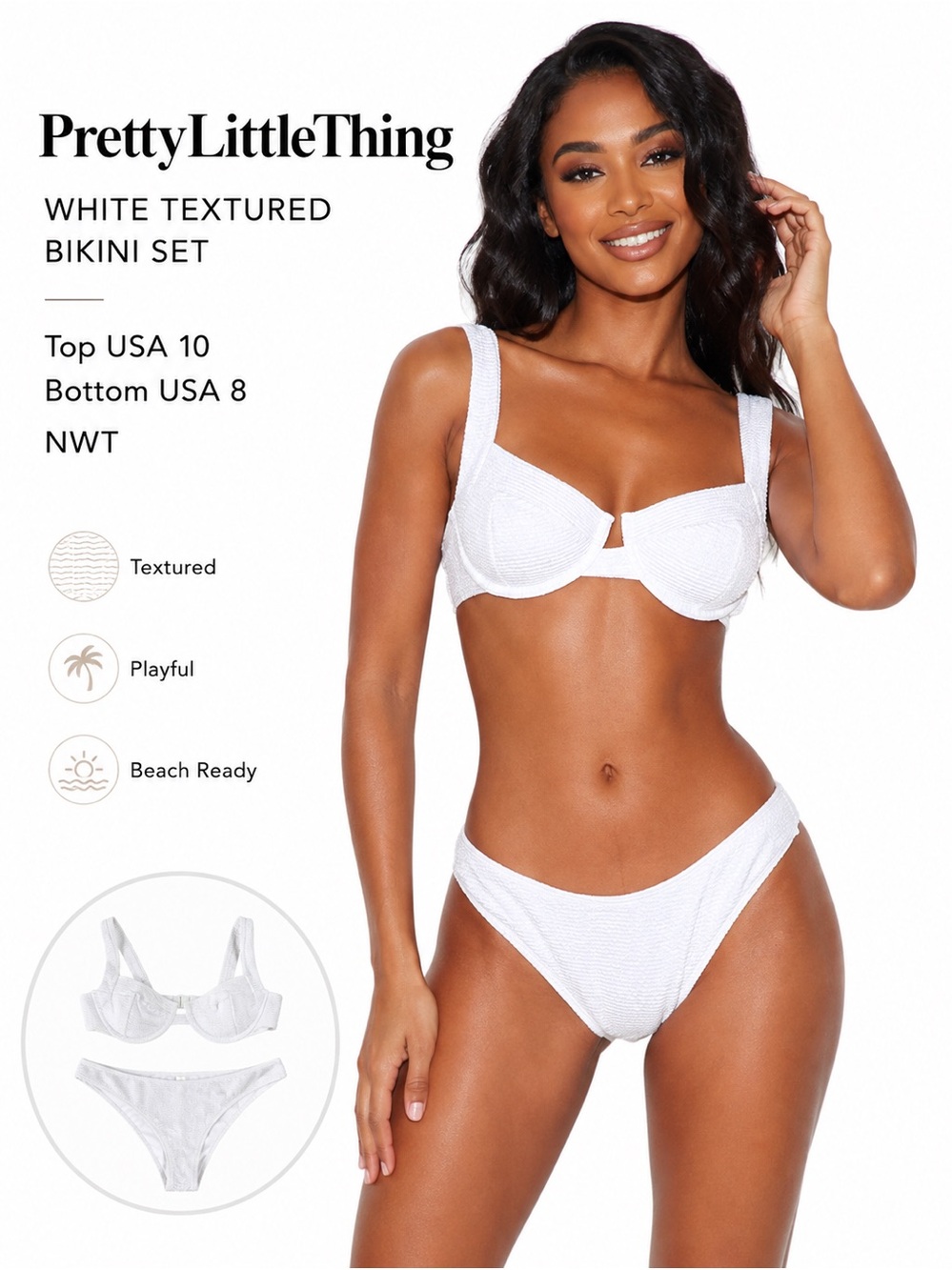 PrettyLittleThing White Textured Bikini Set Top 10 bottom 8 NEW WITH TAGS
